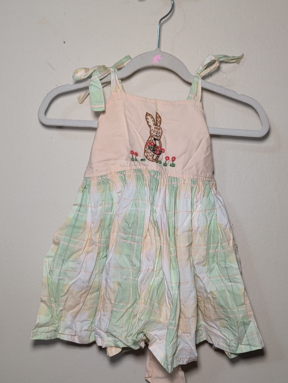 The Fancy Feather Embroidered Bunny Dress Yellow Green Pastel Plaid Size 12-18M